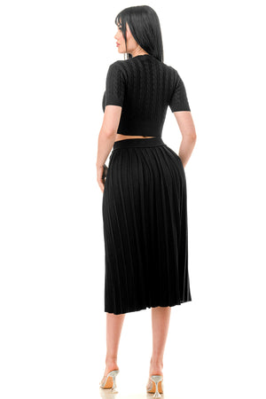 TS1231 - Cable Knit Button Up Crop Top and Midi Skirt Set