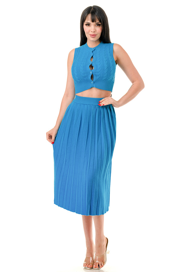 TS1232 - Cable Knit Button Up Crop Top and Midi Skirt Set