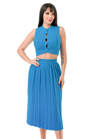 TS1232 - Cable Knit Button Up Crop Top and Midi Skirt Set