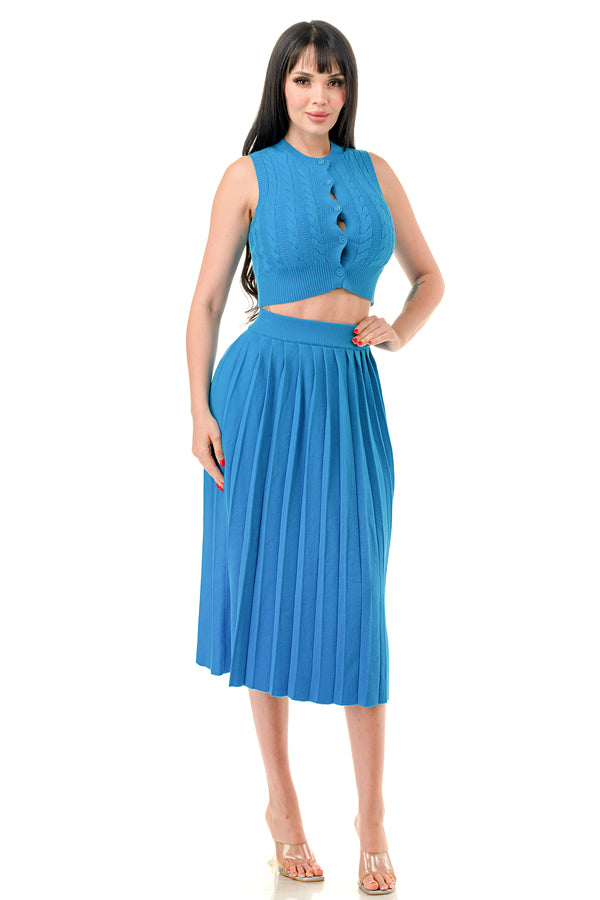 TS1232 - Cable Knit Button Up Crop Top and Midi Skirt Set