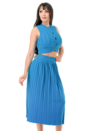 TS1232 - Cable Knit Button Up Crop Top and Midi Skirt Set