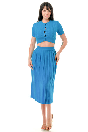 TS1231 - Cable Knit Button Up Crop Top and Midi Skirt Set