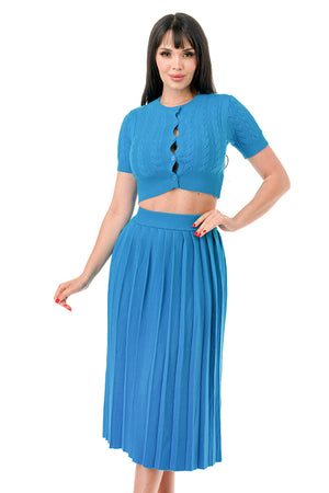 TS1231 - Cable Knit Button Up Crop Top and Midi Skirt Set