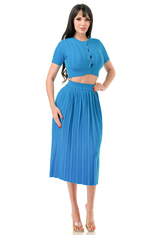 TS1231 - Cable Knit Button Up Crop Top and Midi Skirt Set