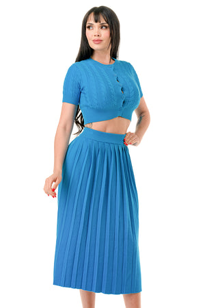 TS1231 - Cable Knit Button Up Crop Top and Midi Skirt Set