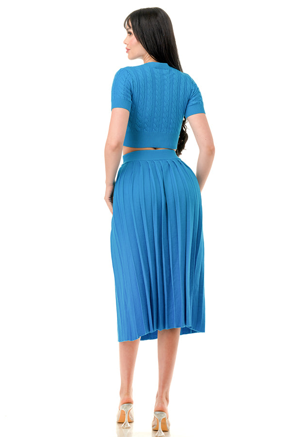 TS1231 - Cable Knit Button Up Crop Top and Midi Skirt Set