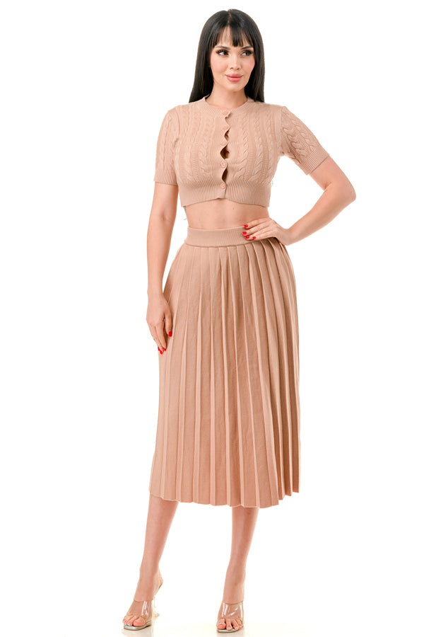 TS1231 - Cable Knit Button Up Crop Top and Midi Skirt Set