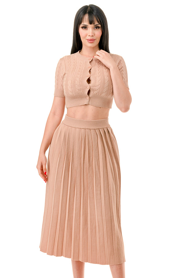 TS1231 - Cable Knit Button Up Crop Top and Midi Skirt Set