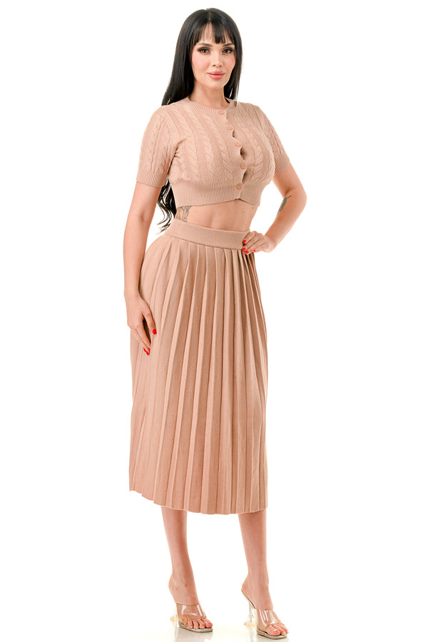 TS1231 - Cable Knit Button Up Crop Top and Midi Skirt Set