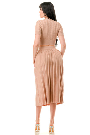 TS1231 - Cable Knit Button Up Crop Top and Midi Skirt Set