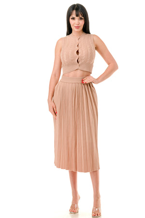 TS1232 - Cable Knit Button Up Crop Top and Midi Skirt Set