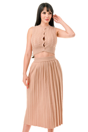 TS1232 - Cable Knit Button Up Crop Top and Midi Skirt Set