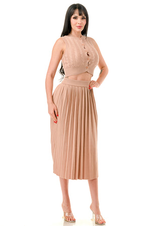 TS1232 - Cable Knit Button Up Crop Top and Midi Skirt Set