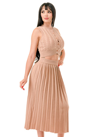 TS1232 - Cable Knit Button Up Crop Top and Midi Skirt Set