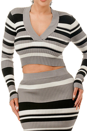 TS1397 Multi Color Stripe V-Neck Crop Top and Midi Skirt