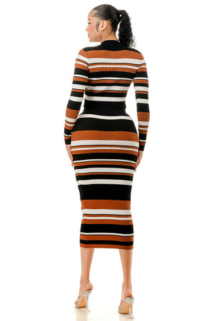 TS1397 Multi Color Stripe V-Neck Crop Top and Midi Skirt