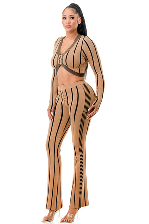 SW3508 - Striped Long Sleeve Top and Wide Leg Pants Set