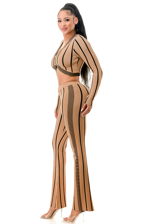 SW3508 - Striped Long Sleeve Top and Wide Leg Pants Set