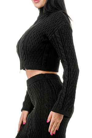 SW3675 - Cable Knit Turtleneck Crop Top & Maxi Skirt Set