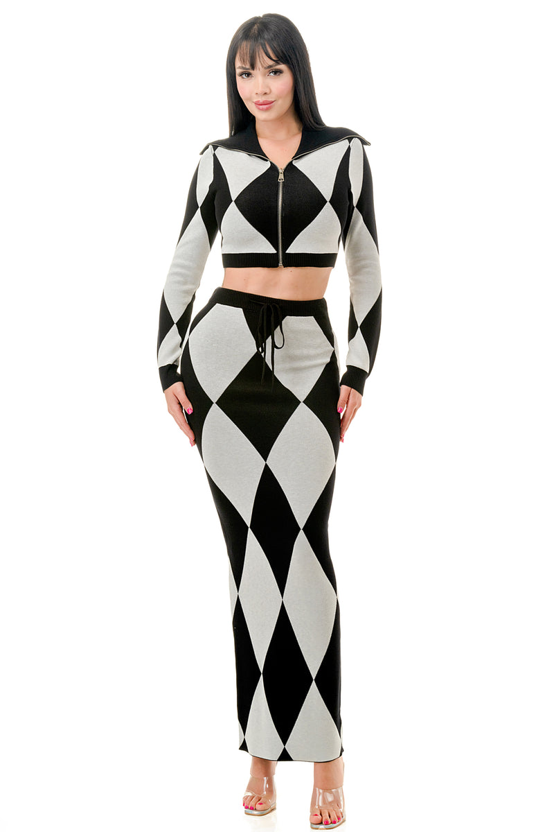 SW3684 - Harlequin Diamond Pattern Top and Skirt Set