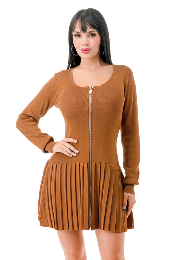 SW3783-Long Sleeve Pleated Tennis Knit Dress