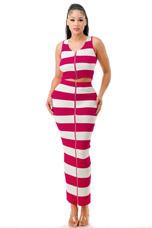 SW3732-2 Piece Striped Top and Skirt Set