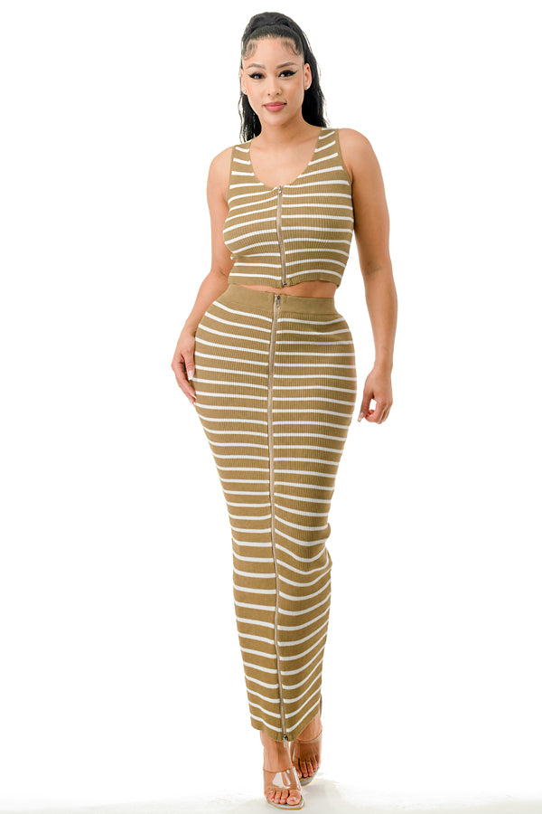 SW3733-Striped Sleeveless Crop Top and Midi Skirt Set