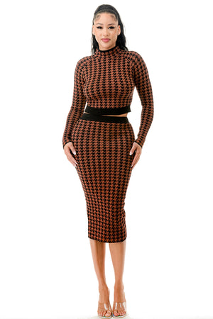 SW3787 - Houndstooth Pattern Turtleneck Top and Skirt Set