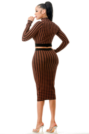 SW3787 - Houndstooth Pattern Turtleneck Top and Skirt Set