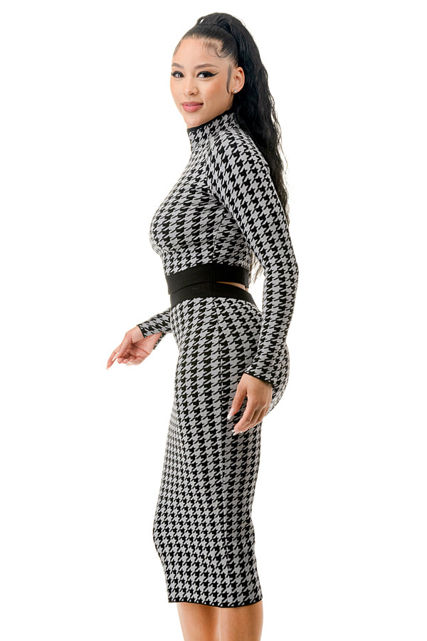 SW3787 - Houndstooth Pattern Turtleneck Top and Skirt Set