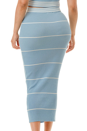 SW3878 - Striped Crop Top and Midi Skirt Set