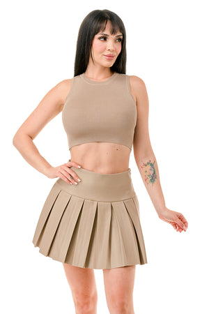 TS1243 - Knit Crop Top and Leather Tennis Mini Skirt Set