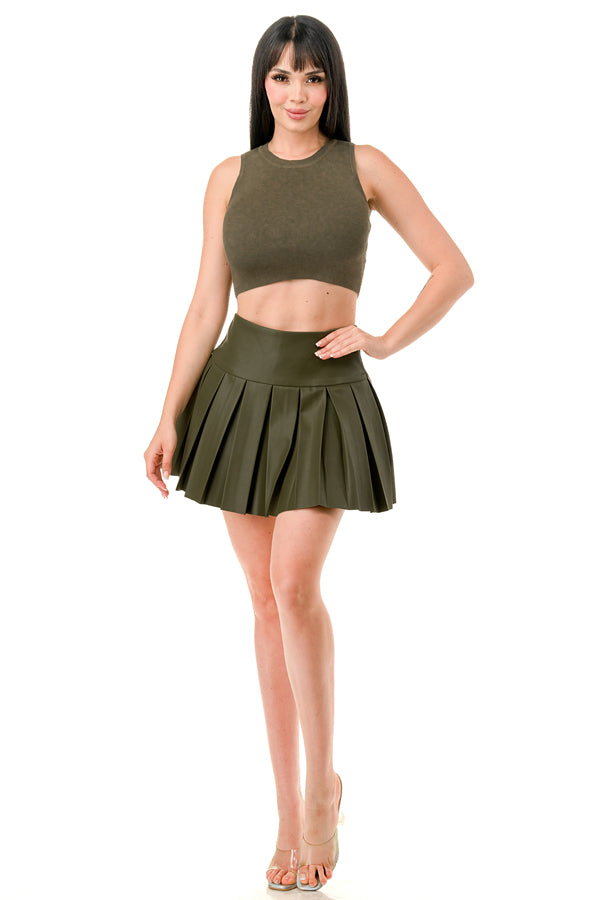 TS1243 - Knit Crop Top and Leather Tennis Mini Skirt Set