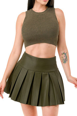 TS1243 - Knit Crop Top and Leather Tennis Mini Skirt Set