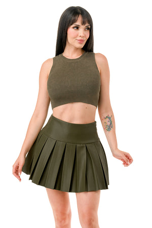 TS1243 - Knit Crop Top and Leather Tennis Mini Skirt Set