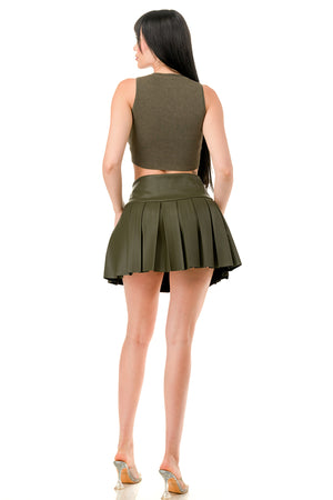 TS1243 - Knit Crop Top and Leather Tennis Mini Skirt Set