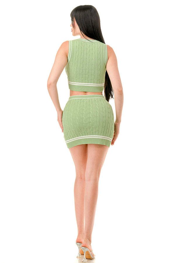 TS1236 - Cable Knit V Neck Crop Top and Mini Skirt Set