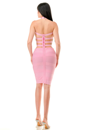 BD1011 - Bandage Mini Halter Dress with Cut Outs