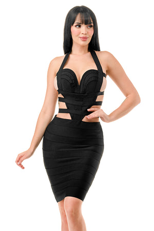 BD1011 - Bandage Mini Halter Dress with Cut Outs