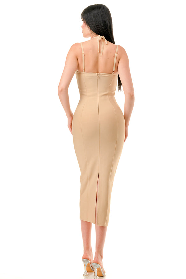 BD1009-Bandage Bodycon Midi Halter/Strap Dress