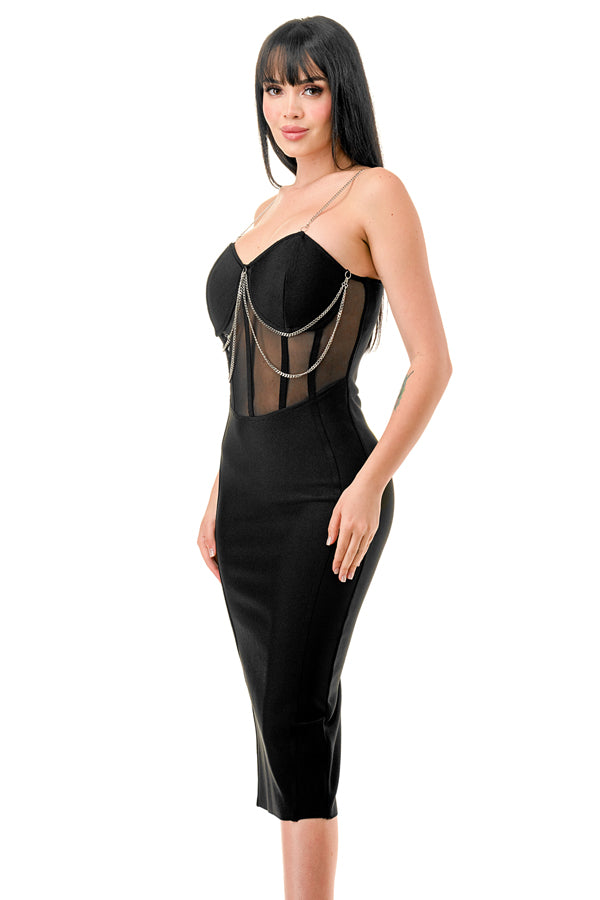 TS-392-Bandage Dress with Mesh and Silver Chain Details