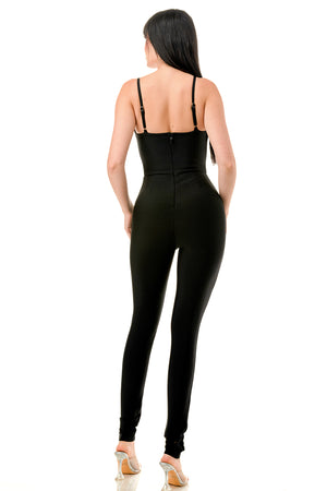 TS-525-Bandage Jumpsuit with Contrast Fabric