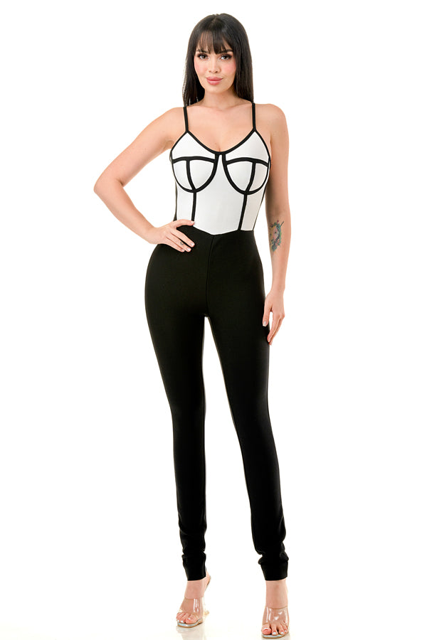 TS-525 - Bandage Jumpsuit with Contrast Fabric