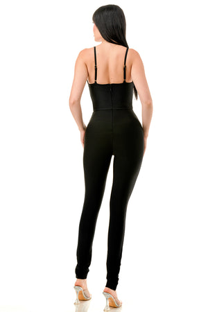 TS-525-Bandage Jumpsuit with Contrast Fabric