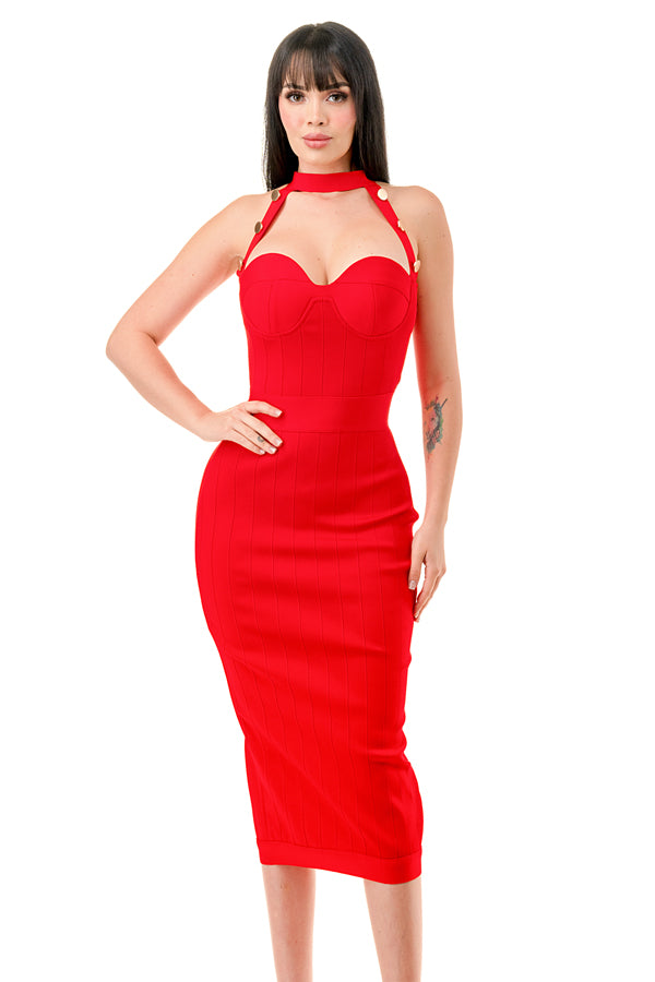 TS-457-Bandage Bodycon Midi Dress with Front Cut Out