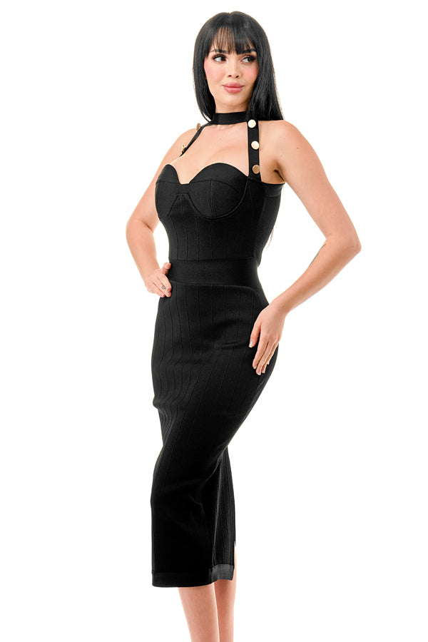 TS-457 - Bandage Bodycon Midi Dress with Front Cut Out