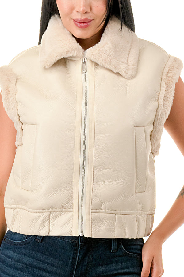 TS662 Sleeveless Collared Cropped Leather Vest