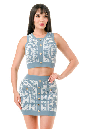 TS1281 - Monogram Pattern Crop Top and Mini Skirt Set