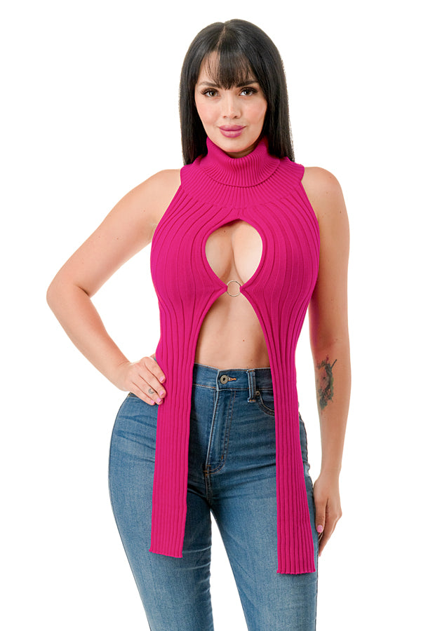 SW3402 - Open Front Ring Detailed Turtle Neck Crop Top