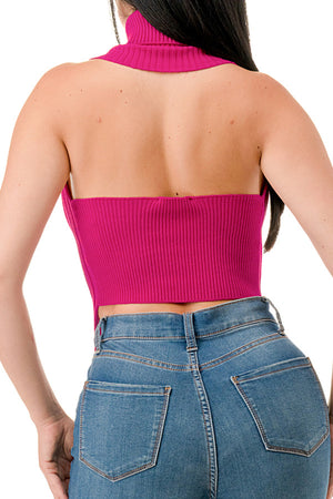 SW3402 - Open Front Ring Detailed Turtle Neck Crop Top